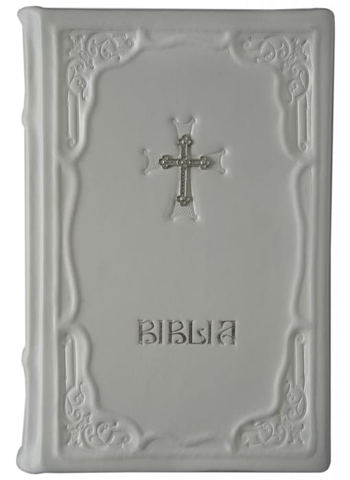 Biblia Centenar alba model relief, cruciulita de argint, husă nețesut